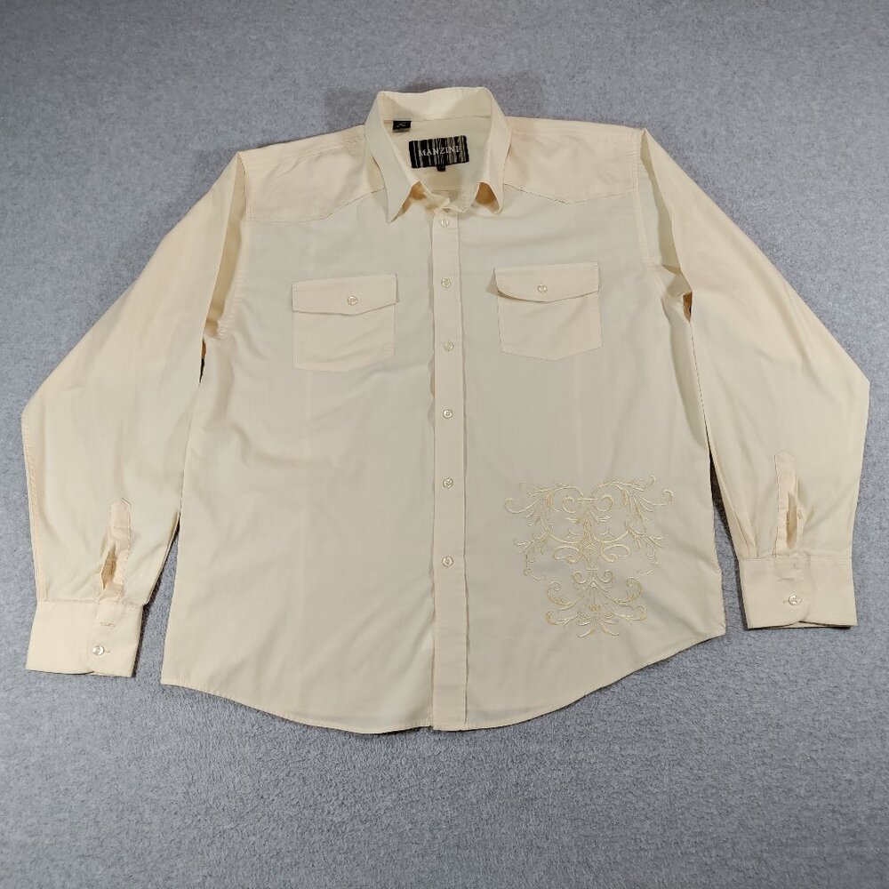 Manzini Shirt Mens XXL Yellow Embroidered Long Sleeve Button Down Lightweight